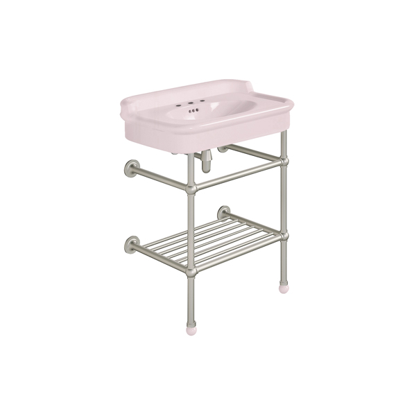 Rockwell 680mm Pale Pink basin with upstand on basin stand with shelf. Zero, one or three tap holes.