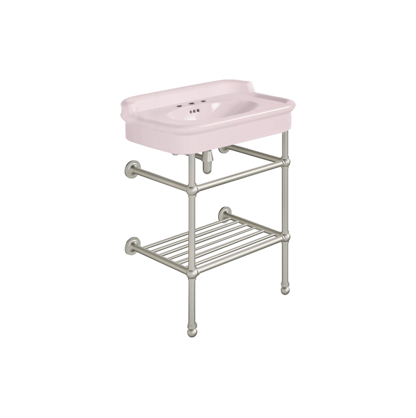 Rockwell 680mm Pale Pink basin with upstand on basin stand with shelf. Zero, one or three tap holes.