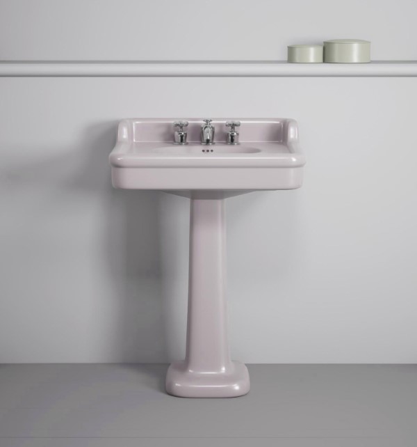 Rockwell 680mm basin with upstand in Pale Pink on pedestal