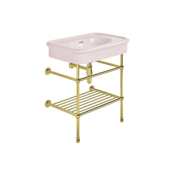 Rockwell 750mm Pale Pink basin on basin stand with shelf. Zero, one or three tap holes