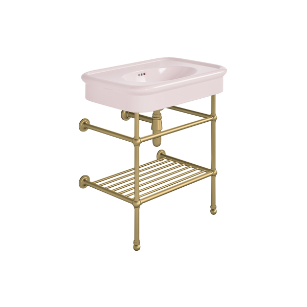 Rockwell 750mm Pale Pink basin on basin stand with shelf. Zero, one or three tap holes