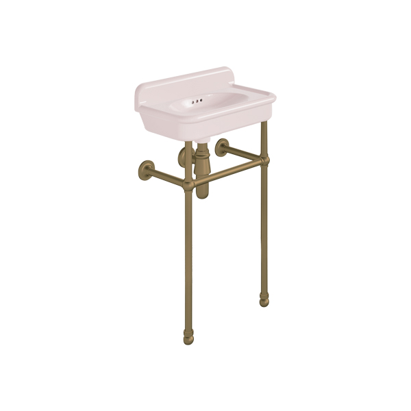 Rockwell Cloakroom Basin 480w x 300d in Pale Pink on basin stand. Zero, one or two tap holes.
