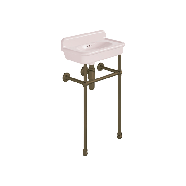 Rockwell Cloakroom Basin 480w x 300d in Pale Pink on basin stand. Zero, one or two tap holes.