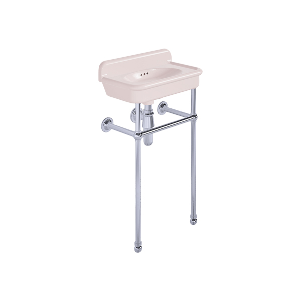 Rockwell Cloakroom Basin 480w x 300d in Pale Pink on basin stand. Zero, one or two tap holes.