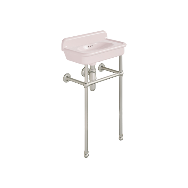 Rockwell Cloakroom Basin 480w x 300d in Pale Pink on basin stand. Zero, one or two tap holes.
