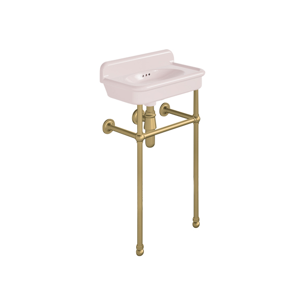 Rockwell Cloakroom Basin 480w x 300d in Pale Pink on basin stand. Zero, one or two tap holes.