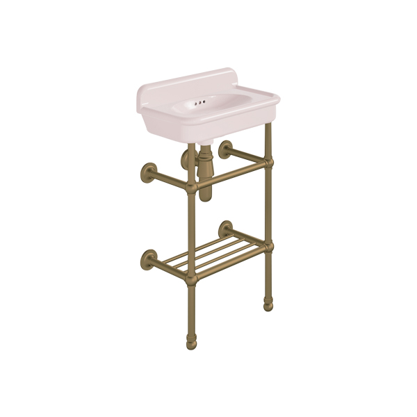 Rockwell Cloakroom Basin 480w x 300d in Pale Pink on basin stand with shelf. Zero, one or two tap holes.