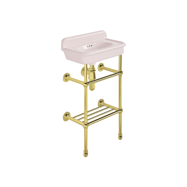 Rockwell Cloakroom Basin 480w x 300d in Pale Pink on basin stand with shelf. Zero, one or two tap holes.