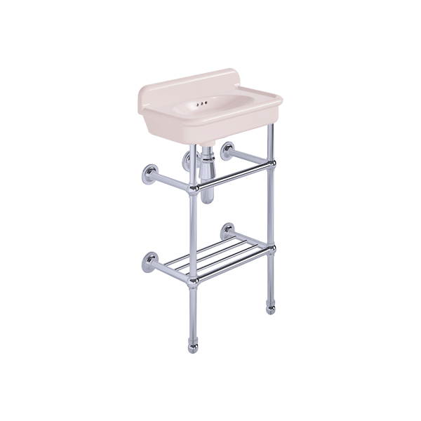 Rockwell Cloakroom Basin 480w x 300d in Pale Pink on basin stand with shelf. Zero, one or two tap holes.