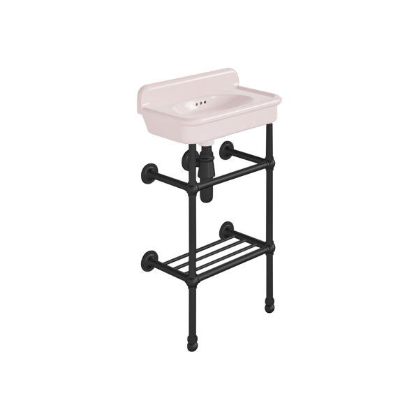 Rockwell Cloakroom Basin 480w x 300d in Pale Pink on basin stand with shelf. Zero, one or two tap holes.