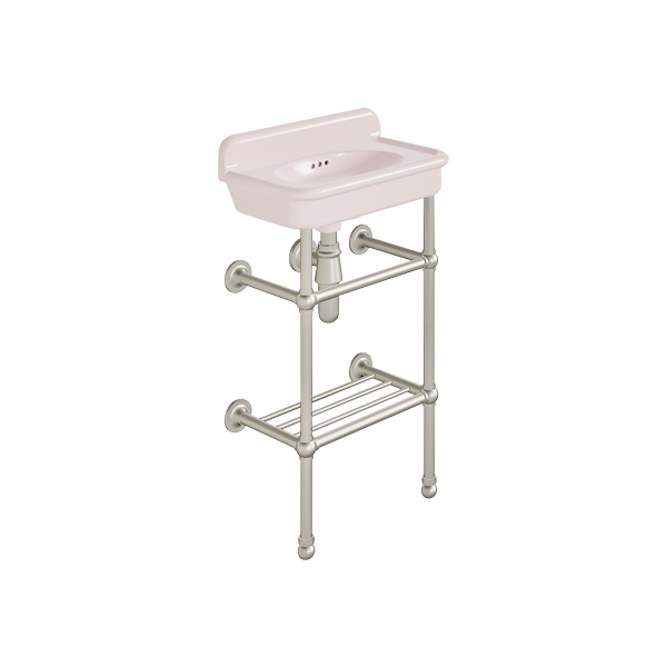 Rockwell Cloakroom Basin 480w x 300d in Pale Pink on basin stand with shelf. Zero, one or two tap holes.