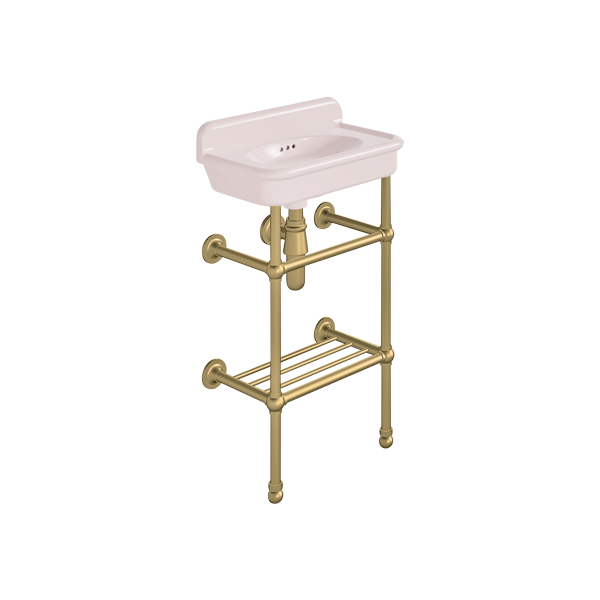 Rockwell Cloakroom Basin 480w x 300d in Pale Pink on basin stand with shelf. Zero, one or two tap holes.